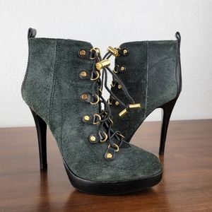 Tory Burch Hamila Suede Stiletto Lace Up Leather Booties Black and Gray 8